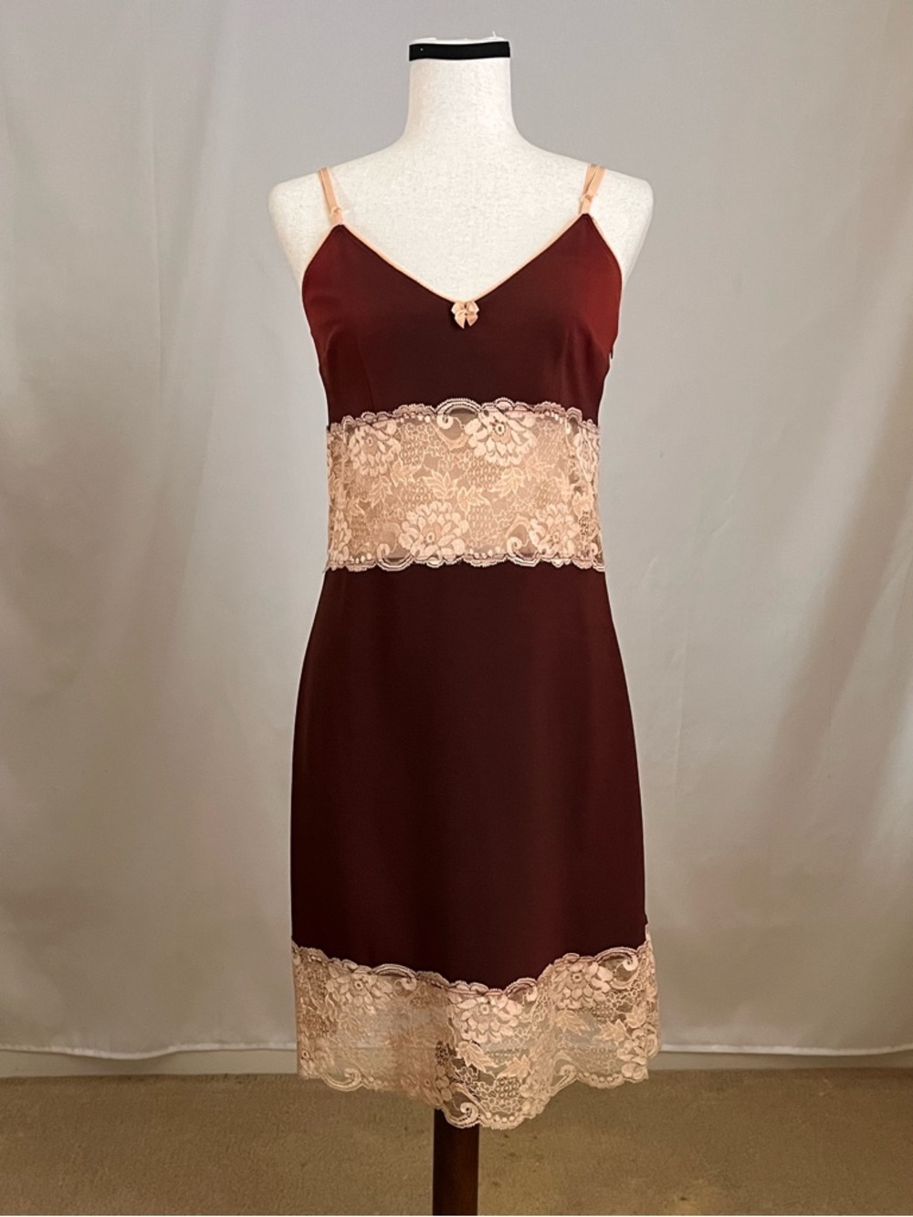Dolce & Gabbana Burgundy Slip Dress with Blush Lace Trim